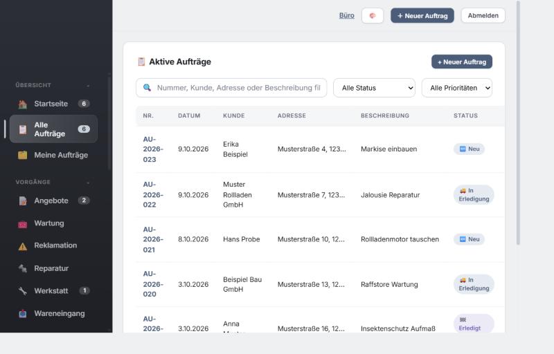 Liste der aktiven Aufträge mit Kunde, Adresse, Beschreibung und Status