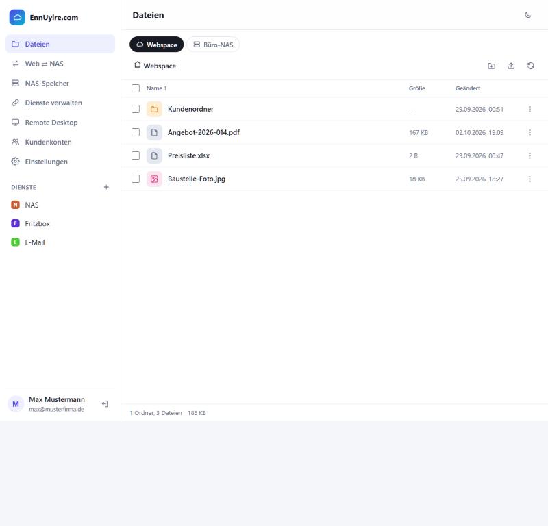 NAScloud mit Dateiliste im Webspace und Umschalter zum Büro-NAS