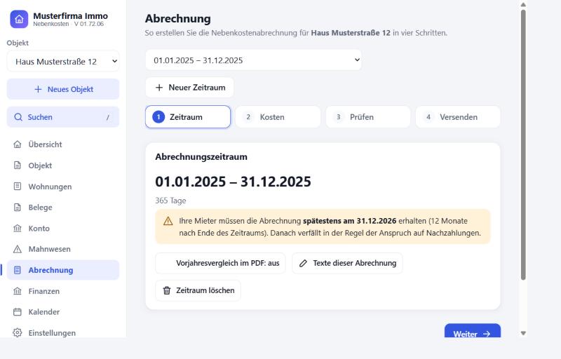 Abrechnung in vier Schritten mit Hinweis auf die Frist von zwölf Monaten