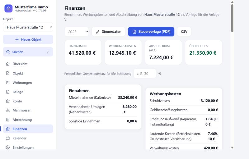 Ansicht Finanzen mit Einnahmen, Werbungskosten, Abschreibung und Überschuss für 2025