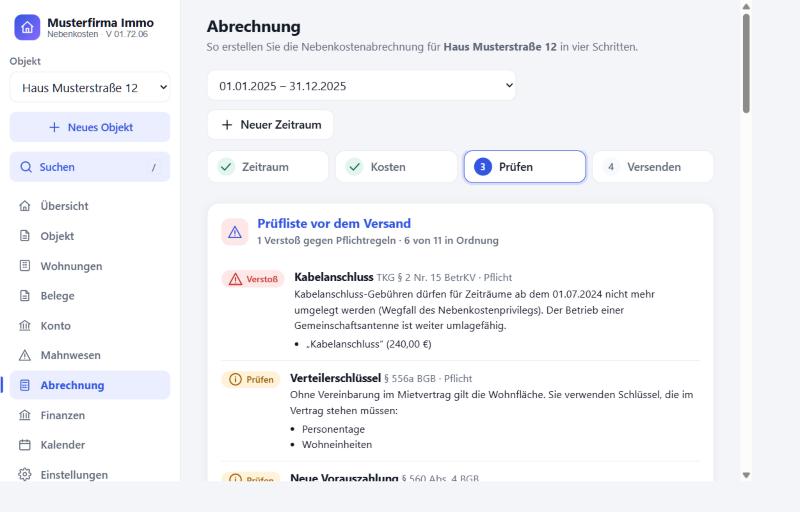 Prüfliste vor dem Versand mit einem Verstoß und Hinweisen zum Verteilerschlüssel