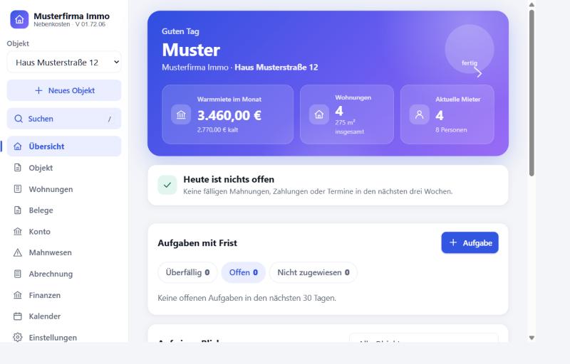 Übersicht der Nebenkosten-App mit Warmmiete im Monat, Anzahl Wohnungen und aktuellen Mietern